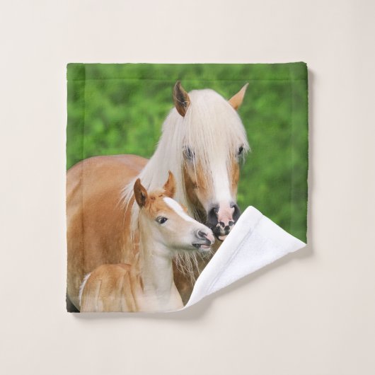 Haflingerの馬のかわいいベビーの子馬のキスのミイラの子馬の写真 バスタオルセット (ウォッシュタオル)