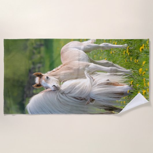 Haflingerの馬のミイラの写真を持つかわいいベビーの子馬: ビーチタオル (正面)