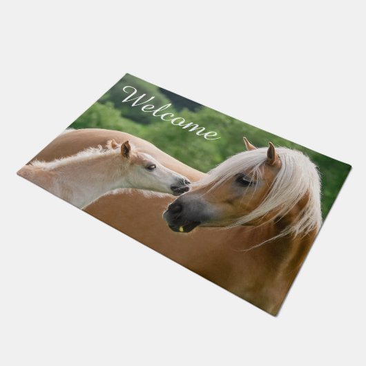 Haflingerの馬子馬およびお母さんのキスの写真-歓迎 ドアマット (アングル)
