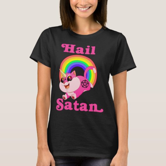 Hail Satan Unicorn Cat Rainbow, おもしろいDeath Metal Tシャツ (正面)
