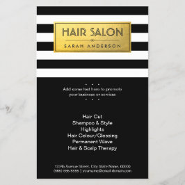 HAIRサロン-金ゴールドラベルと白黒ストライプ チラシ