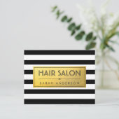 HAIRサロン-金ゴールドラベルと白黒ストライプ ポストカード (スタンド正面)