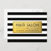 HAIRサロン-金ゴールドラベルと白黒ストライプ ポストカード (正面/裏面)