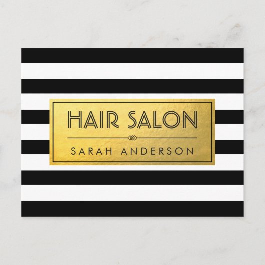 HAIRサロン-金ゴールドラベルと白黒ストライプ ポストカード (正面)