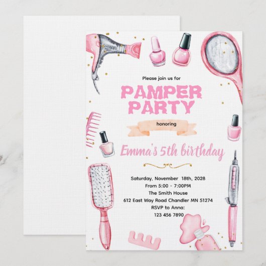 Hair and Nails pamper party invitation 招待状 (正面/裏面)