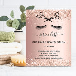 Hair beauty salon rose gold glitter pricelist チラシ<br><div class="desc">A rose gold gradient background,  with glitter sparkles,  black scissors and eye lashes.  On front: The text: Price list. Personalize and add your name and address.
Back:  your text,  prices.

To keep the swashes only delete the sample text,  leave the spaces or emoji's in front and after the text.</div>