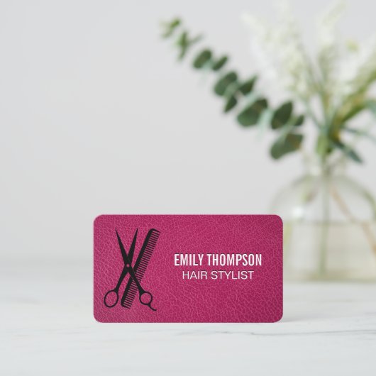 Hair Comb Scissors | Pink Leather Texture 名刺 (スタンド正面)