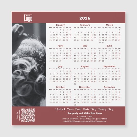 Hair Salon Burgundy White 2026 Calendar Magnet (正面)