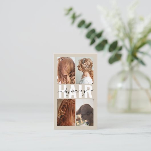 Hair Salon Calligraphy Script Photo Collage Beige  名刺 (スタンド正面)