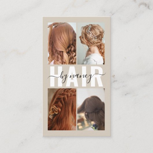 Hair Salon Calligraphy Script Photo Collage Beige 名刺 (正面)