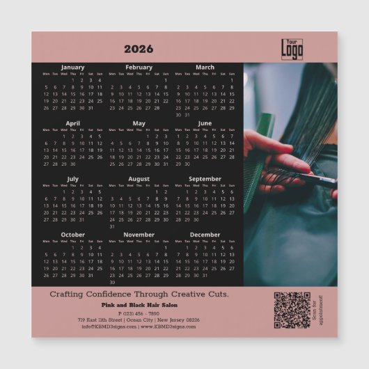 Hair Salon Pink Black 2026 Calendar Magnet (正面)