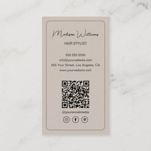 Hair Stylist Custom Logo Photo QR Code Beige 名刺 (裏面)