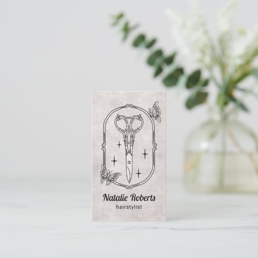 Hair Stylist Cute Scissor & Butterflies QR Code 名刺 (スタンド正面)