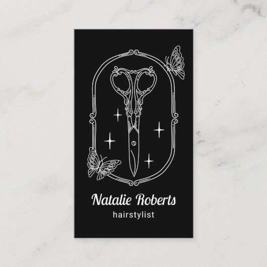 Hair Stylist Cute Scissor & Butterfly Doodle Black 名刺 (正面)