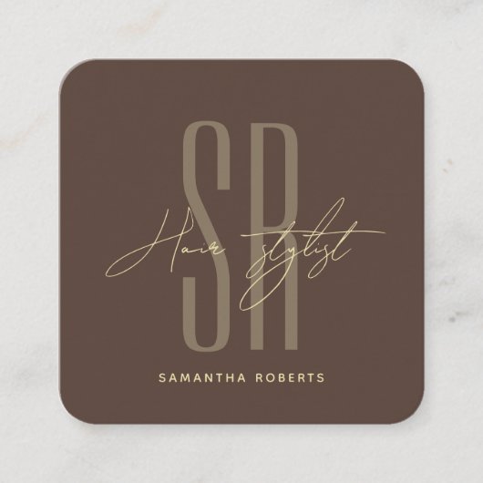 Hair stylist modern brown monogram initials スクエア名刺 (正面)