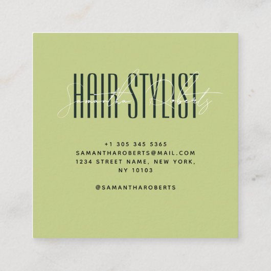 Hair stylist modern typography script green スクエア名刺 (裏面)