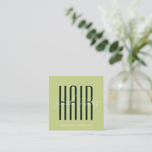 Hair stylist modern typography script green スクエア名刺 (スタンド正面)