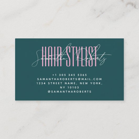 Hair stylist modern typography script green pink 名刺 (裏面)