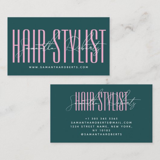 Hair stylist modern typography script green pink 名刺 (正面/裏面)
