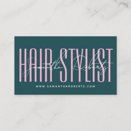 Hair stylist modern typography script green pink 名刺 (正面)