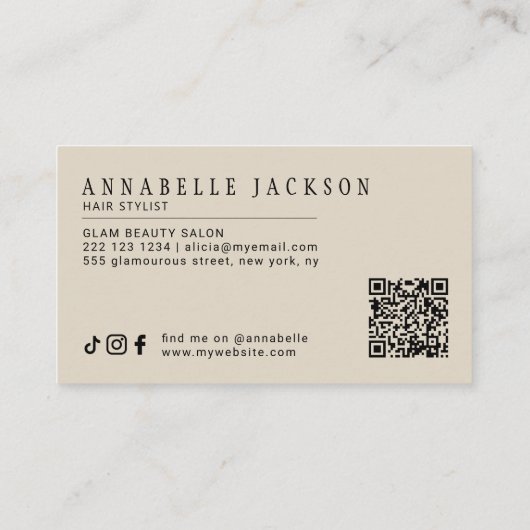 Hair stylist QR code modern script beige black 名刺 (裏面)