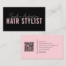 Hair Stylist Salon Black and Pink QR Code 名刺