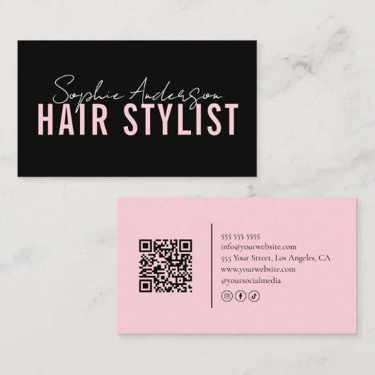 Hair Stylist Salon Black and Pink QR Code 名刺 (正面/裏面)