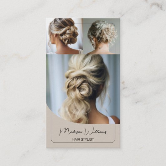 Hair Stylist Salon Custom 3 Photos QR Code Beige 名刺 (正面)