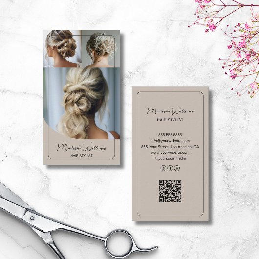 Hair Stylist Salon Custom 3 Photos QR Code Beige 名刺