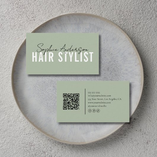 Hair Stylist Salon Sage Green QR Code 名刺