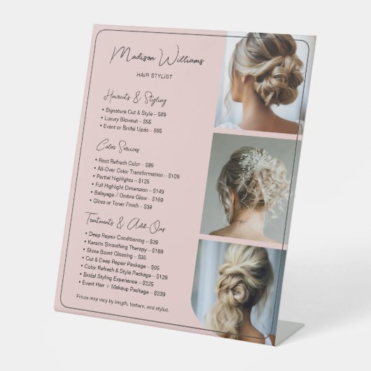 Hair Stylist Salon Services Price List Pink 台座サイン (正面)