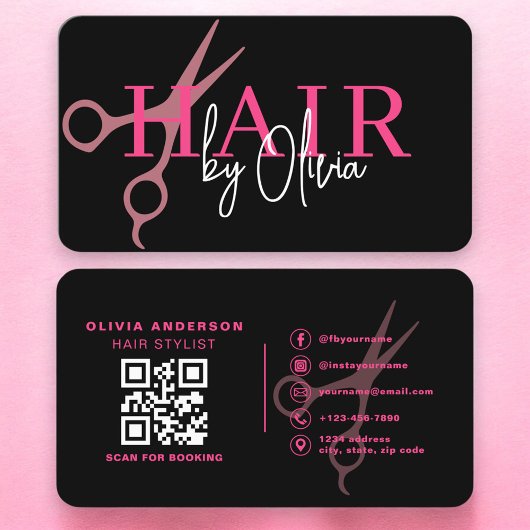 Hair Stylist Scissors Black Pink QR Code 名刺