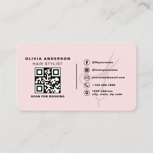 Hair Stylist Scissors Blush Pink QR Code  名刺 (裏面)