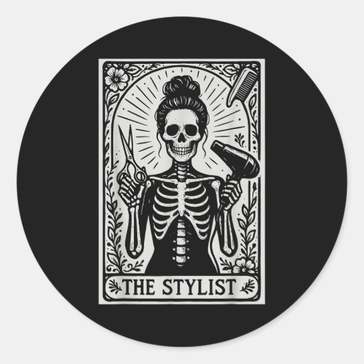 Hair Stylist Tarot Card Skeleton Cosmetology Haird ラウンドシール (正面)
