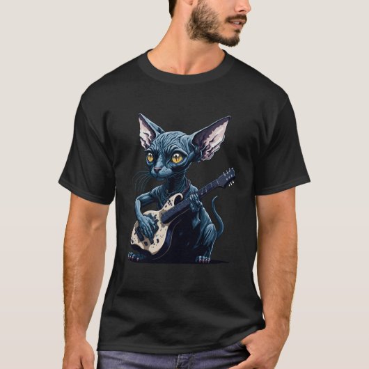 Hairless Sphynx Cat playing guitar Tシャツ (正面)