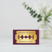 Hairstylist Razor Blade Burgundy And Gold Qr Code  名刺 (スタンド正面)