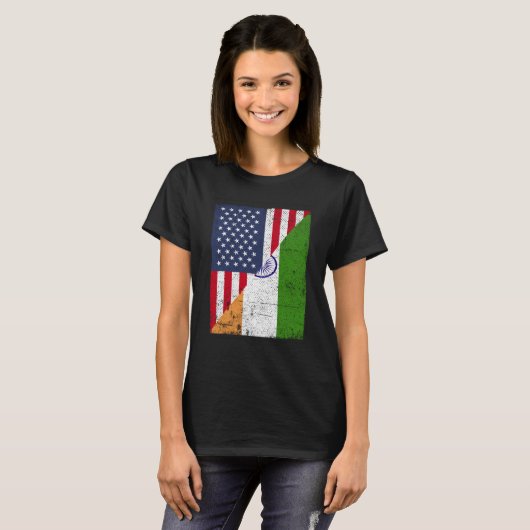 Half USA Flag Half India Flag American Indian Tシャツ (正面フル)
