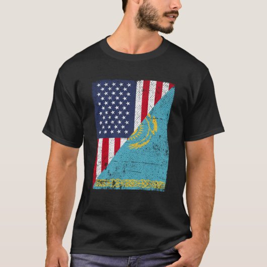 Half USA Flag Half Kazakhstan Flag American Kasach Tシャツ (正面)