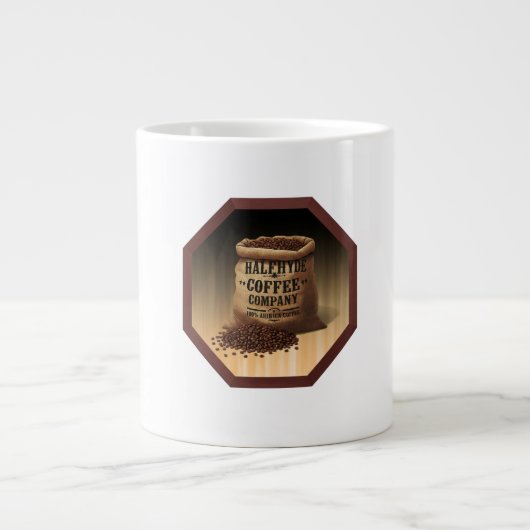 Halfhyde Coffee Coのラベル付き大判バール布袋 ジャンボコーヒーマグカップ (正面)