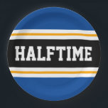 HALFTIMEブルー白黒イエローパーティー ペーパープレート<br><div class="desc">このスポーティでアスレチックはっきりしたデザインは、深いブルーのアウターに対して白と黄色のレースの文字とハイライトされたワイドな中心のブラックストライプの中にハーフタイムストライプのを備えてストライプいる。この文字はパーソナライズされた、</div>
