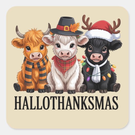 Hallothanksmas Fall Cow Spooky Season Farmer Xmas スクエアシール (正面)