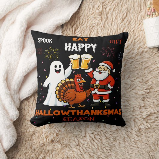 Hallothanksmas Party! Ghost Turkey Santa Beer クッション (ブランケット)