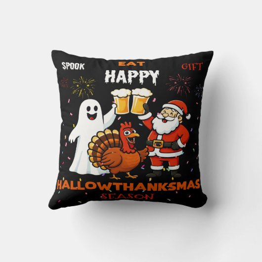 Hallothanksmas Party! Ghost Turkey Santa Beer クッション (裏面)