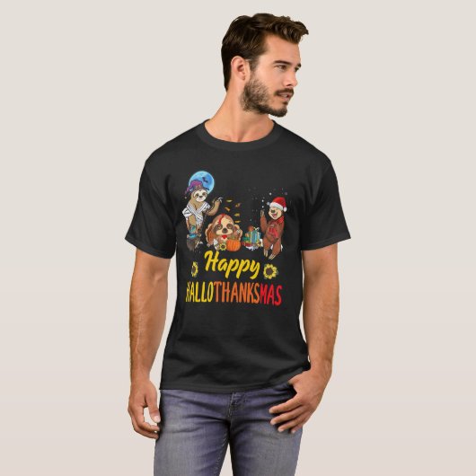 Hallothanksmas Santa Sloth Halloween Thanksgiving Tシャツ (正面フル)