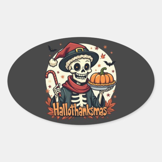 Hallothanksmas Skeleton：パンプキンパイ&キャンディーケーン 楕円形シール (正面)