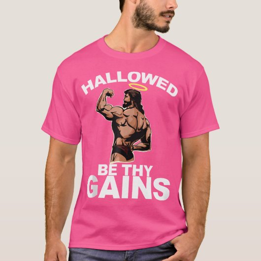 Hallowed Be Thy Gain Swole Jesus おもしろい Bodybuildi Tシャツ (正面)