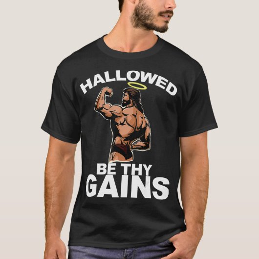 Hallowed Be Thy Gain Swole Jesus おもしろい Bodybuildi Tシャツ (正面)