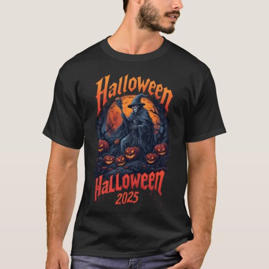 Halloween2025 wizard standing among jack-o'-lanten tシャツ (正面)
