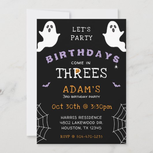 Halloween 3rd Birthday Come in Threes Ghost Gothic 招待状 (正面)