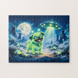 Halloween Alien Pug with Night Spaceship ジグソーパズル